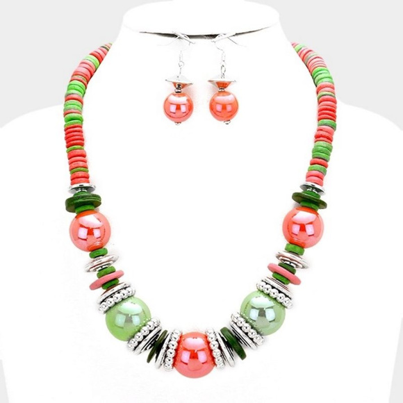 Pink And Green Ceramic Bead Necklace Earring Set - Picture 1 of 4